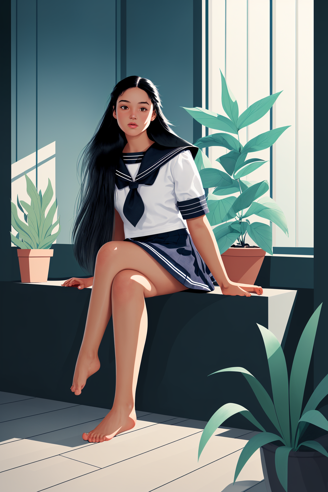 00447-693976118-Fllustration,1girl,portrait,plant,skirt,shirt,barefoot,colored skin,sailor collar,black hair,sitting,long hair,_lora_Fllustratio.png